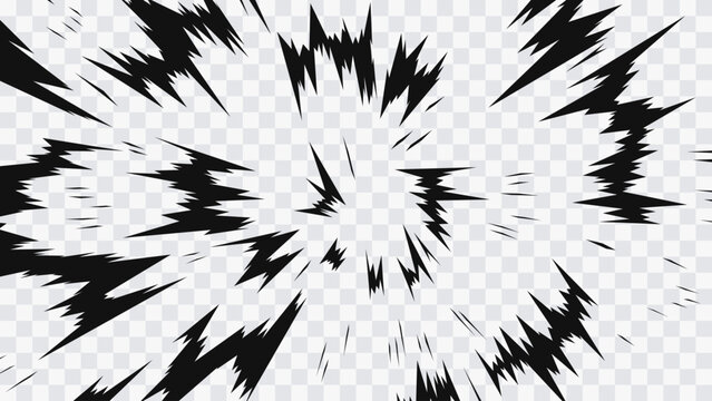 Black and white manga explosion effect with jagged radial burst lines and sharp lightning-like shapes. Dynamic anime-style impact background designed to emphasize power, action, and dramatic motion.