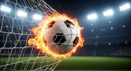 Fototapeta premium Flaming soccer ball hitting goal net in stadium