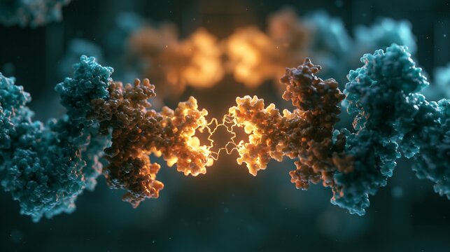 A close-up molecular scene of two folding proteins locking at highlighted binding pockets inside a dim biotech lab setting. Precise, analytical mood, dramatic teal and amber lighting, symmetrical