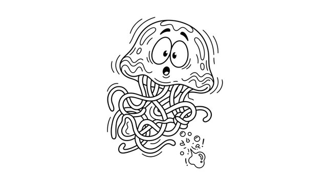 Cartoon girl sneezing with messy hair and flying snot in black and white line art