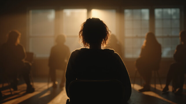 Silhouetted people sitting in a circle during a support group meeting. Anonymous individuals in a dark room with warm backlighting from windows. Group therapy and mental health counseling concept
