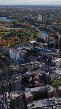 Aerial view of Ottawa Skyline over Carleton University and the Rideau River