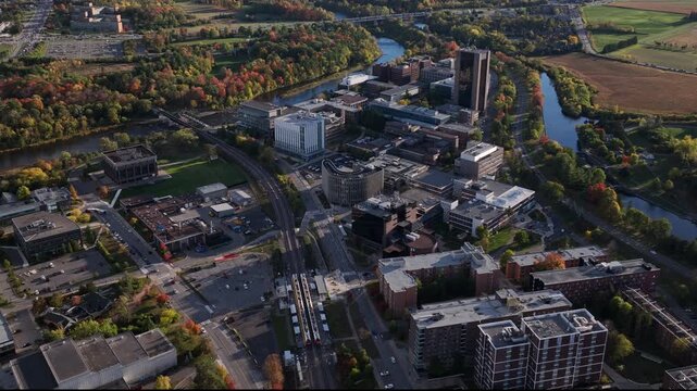 Aerial view of Ottawa Skyline over Carleton University and the Rideau River