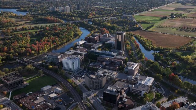 Aerial view of Ottawa Skyline over Carleton University and the Rideau River