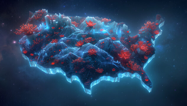 Surreal floating island shaped like the United States map in a cosmic nebula