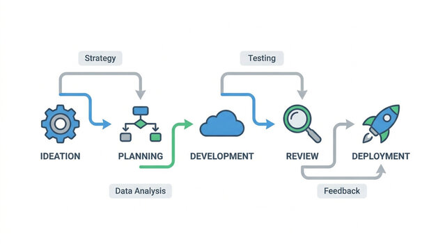 Illustrated software development lifecycle process showing ideation, planning, development, review, and deployment stages.