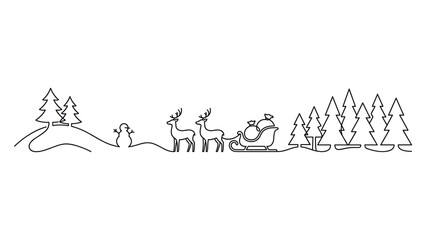 Continuous line art of Santa Claus sleigh with reindeer in winter forest landscape. © ngawoor