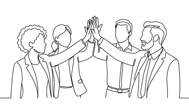 Continuous one line drawing of a diverse business team celebrating success with a high five.