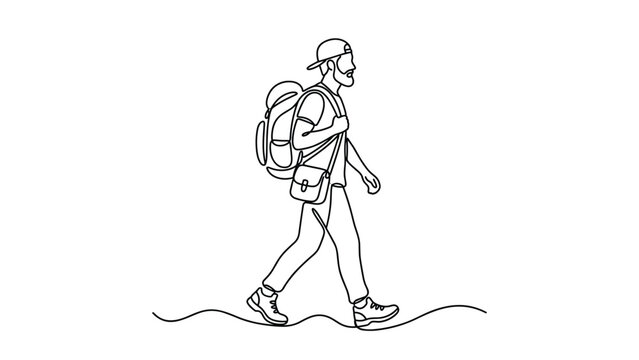 Continuous one line drawing of a male hiker walking with a backpack.
