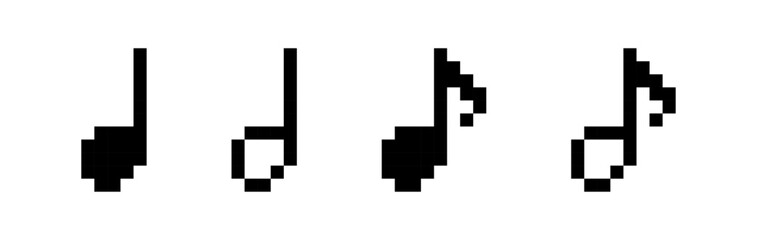 Fototapeta premium Pixel music note icons set, 8-bit quarter and eighth note symbols, retro blocky audio and melody UI icons