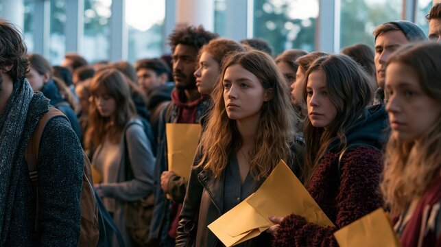 A crowded university admissions queue with more young women than men holding application folders, hopeful yet tense mood, morning light through campus windows.