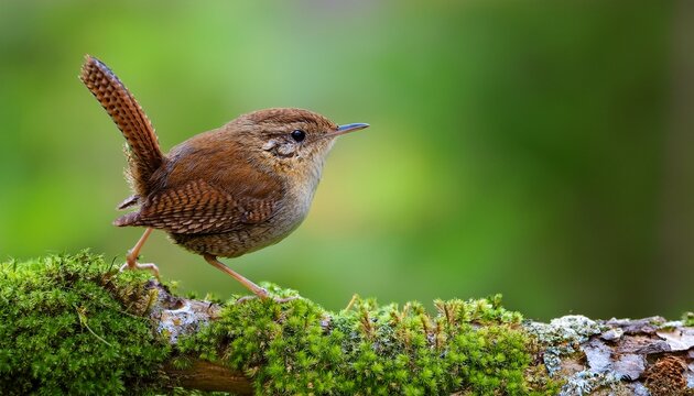 eurasian wren or troglodytes troglodytes close up eurasian wren with held erect tail perched on tree branch in green forest northern wren or eurasian wren is very small insectivorous bird