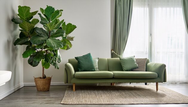 ficus lyrata or fiddle leaf fig tree in living room interior