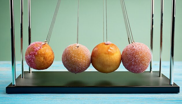 newton s cradle from doughnuts collision balls made from donuts harm of sugar donuts time or healthy diet concept dependence on flavoring diabetes problems weight loss