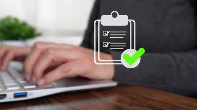 Businesswoman holding a bank card while holding a smartphone with an animated clipboard icon and a checkmark.