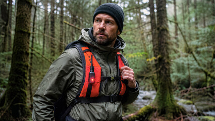 Fototapeta premium Hiker in deep woods wearing vest with built in satellite link beacon for off grid sos signaling