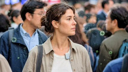 Fototapeta premium Person standing in crowd wearing wearable clip monitoring for allergic reaction triggers in the air