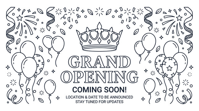 Grand opening coming soon line art banner with celebratory elements and crown illustration.