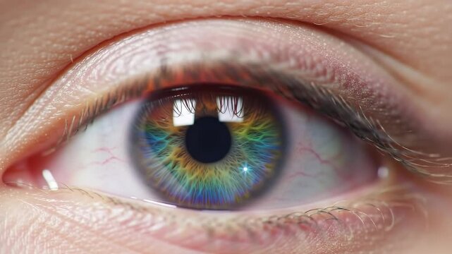 Multicolored iris of a woman closeup. Human eye with vibrant rainbow spectrum pattern. Anatomy of vision, ophthalmology concept. Detailed macro view of sight.