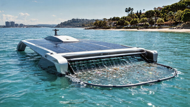 Autonomous solar powered vessel patrolling coastline collecting microplastics using bio mimetic filtration