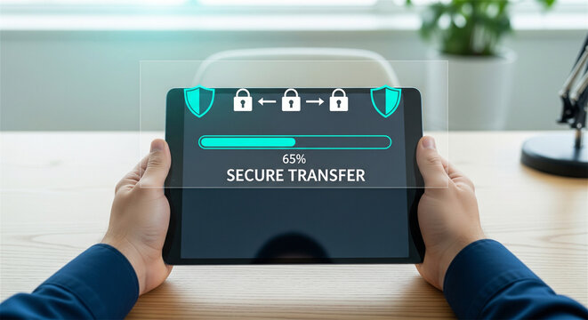 Secure transfer data encryption on tablet, digital cybersecurity interface with padlock icons, encrypted file sharing and privacy protection
