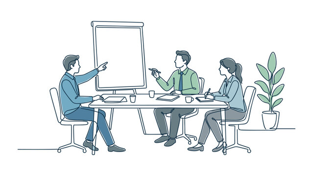Business team having a meeting around a table with a presentation whiteboard.