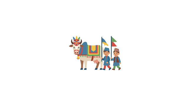 Nepalese Children with Decorated Cow for Tihar Festival Illustration