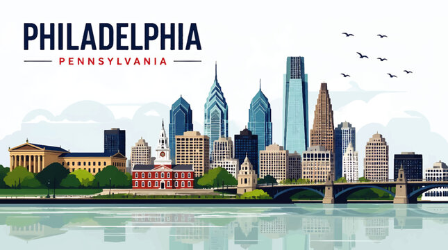 Philadelphia skyline scene with flying birds and riverfront landscape