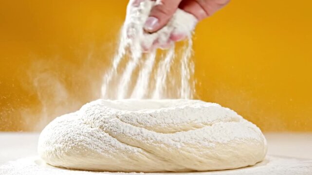 Hand sprinkling white flour over fresh bread dough on yellow background.