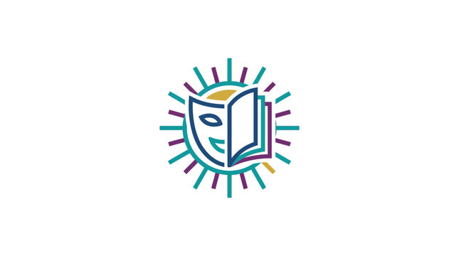 Open book with sun rays and mask, symbolizing creativity and imagination