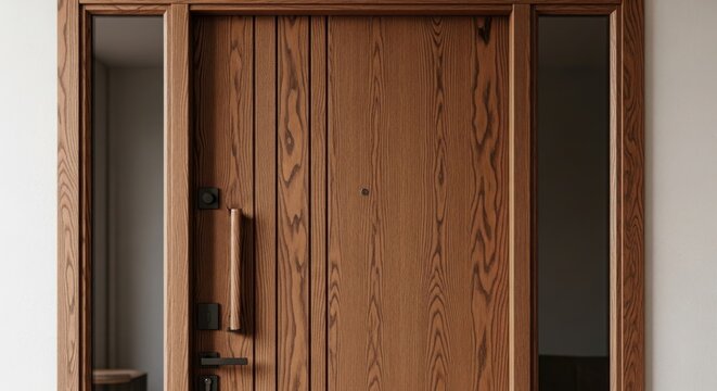 Close-up view of elegant oak front door with vertical grain texture in minimalist hallway