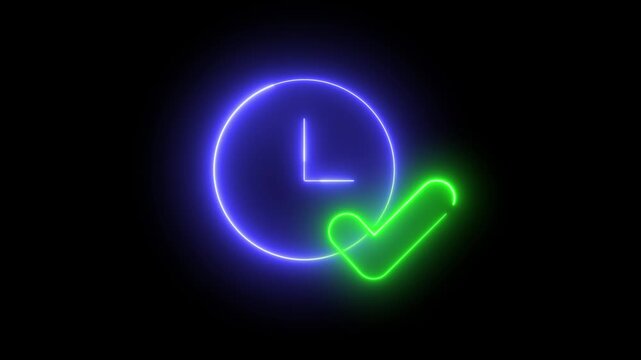 Neon light effect animation of a clock icon next to a green check mark on a dark background. The symbol indicates that completion or approval has been achieved on time. 