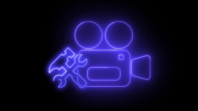 Neon light effect animation of a video camera icon with a wrench and screwdriver. Suggestes video repair, maintenance, or technical support. 