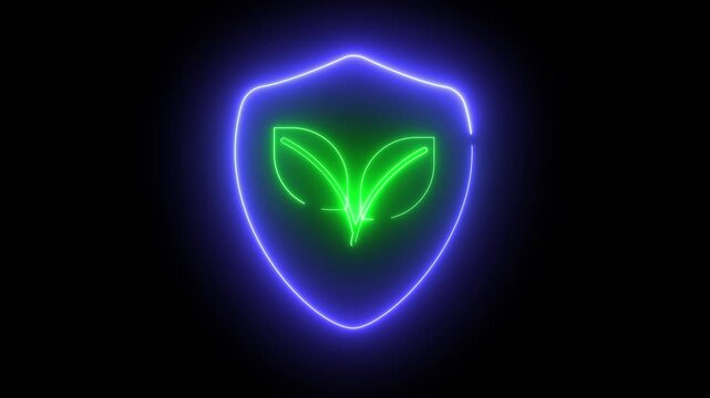 Neon light effect animation of a shield icon with a green plant symbol inside. Ideal for environmental campaigns or safety themes.