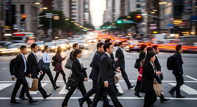 Blurred crowd crossing busy city street. Urban life motion capturing fast paced metropolitan lifestyle moment.