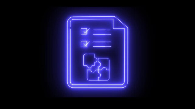 Neon light effect animation of a document icon with checkmarks and puzzle pieces. Suggests problem-solving, planning, or teamwork.