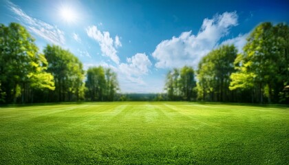 Fototapeta premium Beautiful Blurred Background Image Of Spring Nature With A Neatly Trimmed Lawn Surrounded By Trees Against A Blue Sky With Clouds On A Bright Sunny Day