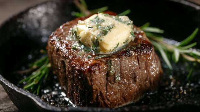 steak butter basting technique, rosemary garlic aroma concept