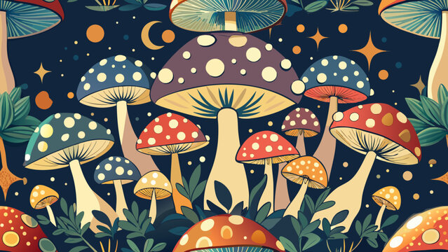 Seamless pattern of colorful stylized mushrooms at night with stars and moon mushroom seamless botanical illustration colorful toadstool background wallpaper whimsical celestial decorative