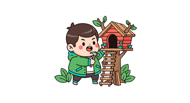 Curious young boy examining small wooden treehouse closely.