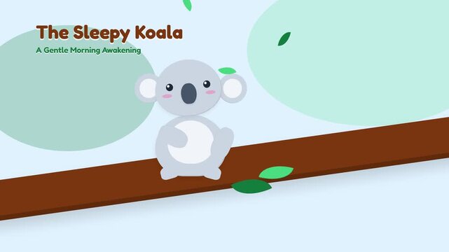 Cute Animated Sleepy Koala Character Waking Up on a Tree Branch.