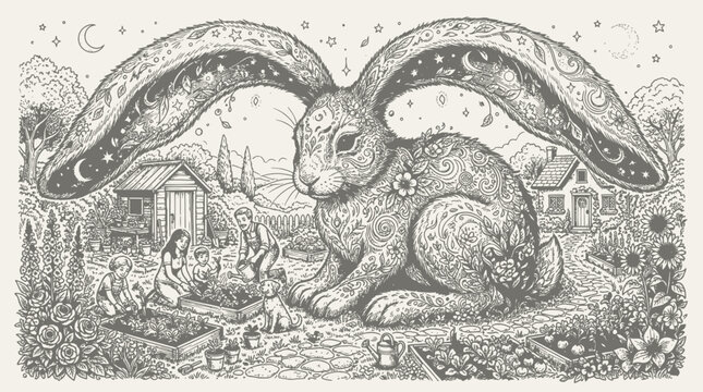 Family gardening in backyard with surreal fantasy fox tail illustration