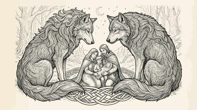 Hand drawn ornate wolf illustration sitting in forest in vintage style