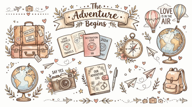 Hand drawn romantic travel elements with suitcases and globe for honeymoon