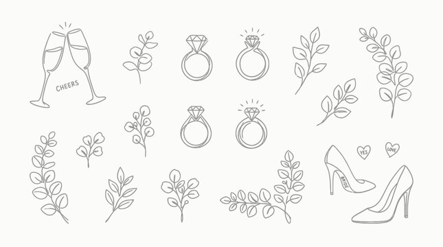 Hand drawn wedding celebration doodles with champagne flutes and leaves