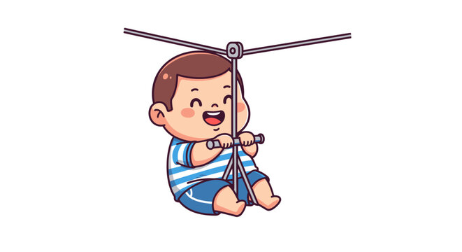Happy baby enjoying thrilling zip line adventure ride indoors.