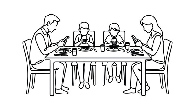 Family sitting at dining table ignoring each other while using smartphones.