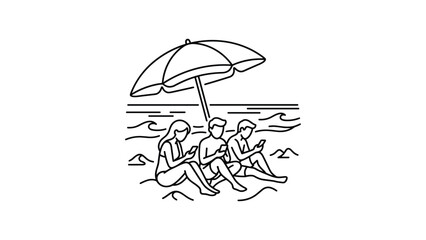 Three people sitting on the beach under a parasol using their smartphones. © gunko