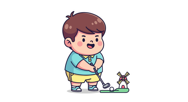 Happy cartoon boy playing with small robot toy.