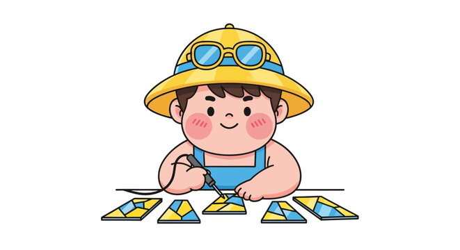 Cute cartoon baby playing with colorful flashcards outdoors.